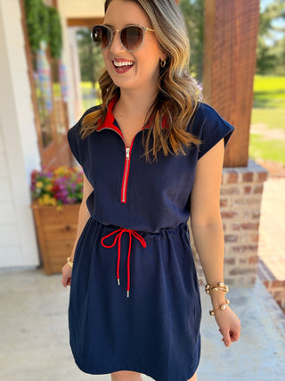 Navy & Red Detailed Zip Up Collared Drawstring Waist Dress