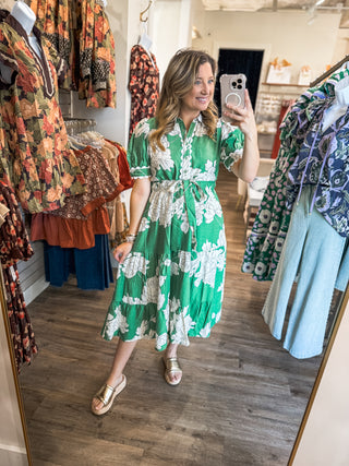 Green Evening Petals Short Sleeve Midi Dress