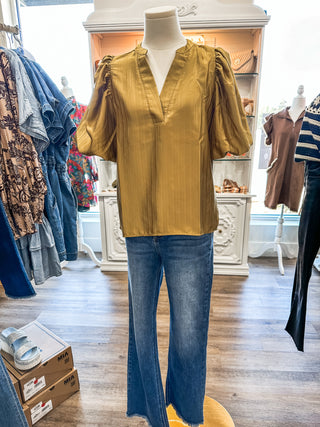 Mustard Made for Love V-Neck Puff Sleeve Blouse