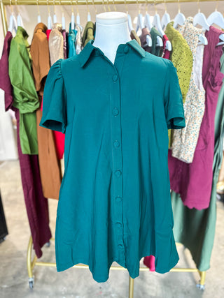 Hunter Green Charm Button Down Collared Mini Dress