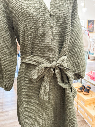 Olive Tonal Belt Elbow Sleeve Dress