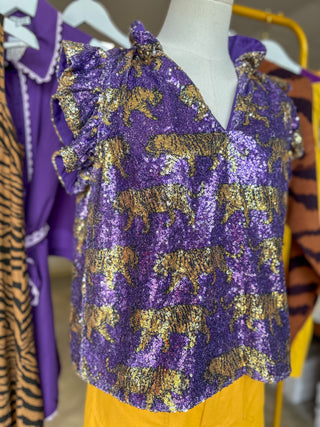 Game Day Sparkle Tiger Sequin Flutter Sleeve Tank