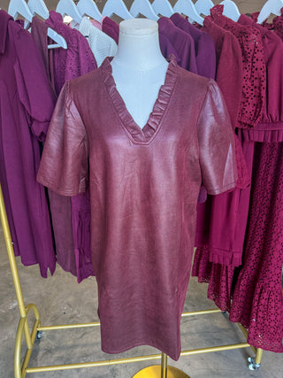 Burgundy Ruffled & Sweet Faux Leather Mini Dress