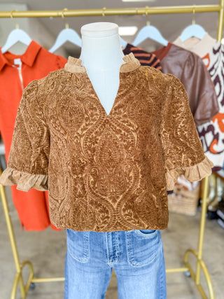 Brown Tonal Paisley Ruffle Detail Top