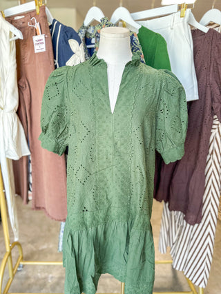 Hunter Green Evelyn Eyelet Mini Dress