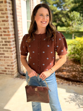 Cocoa & Baby Blue Polka Dot Scalloped Trim Sweater