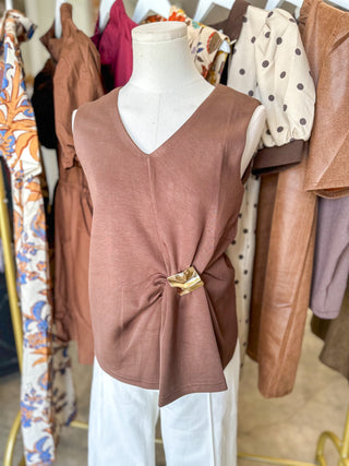 Brown Gathered & Gold V-Neck Top