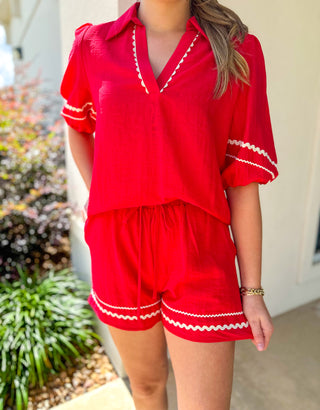 Red Ric Rac Trim Shorts Set