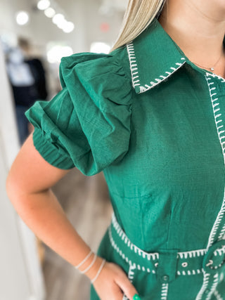Pine Whisper Stitch Collared Short Sleeve Mini Dress