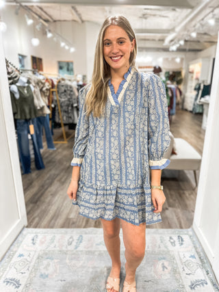Blue Boho Blooms Ruffle Trim Mini Dress