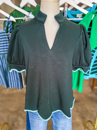 Forest Green Perfectly Scalloped Contrast Trim Top