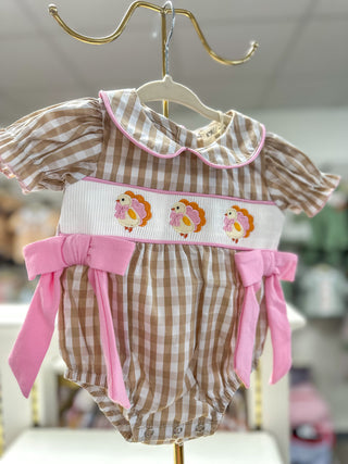 BUBBLE_- Fall Thanksgiving Lapel Plaid Chick Embroidery Smocking Bow Girls Bubble