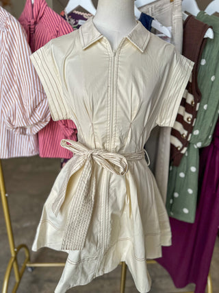 Cream Utility Contrast Stitch Pleated Mini Dress