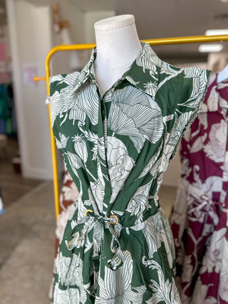 Fern Garden Society Collared Tie Waist Maxi Dress