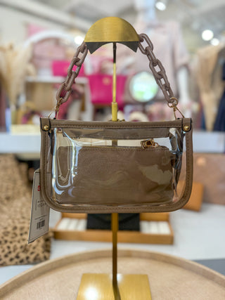 Taupe Jessica Stadium Clear Crossbody Bag w/ Chain Accent