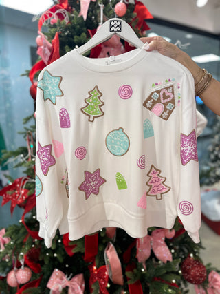 Pink Gingerbread House Family Tradition Sequin Sweatshirt