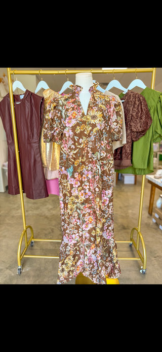 Brown Fields of Florals Eyelet Midi Dress