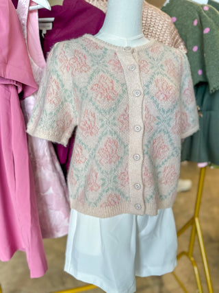 Cream Mint Subtle Floral Button-Up Short Sleeve Sweater