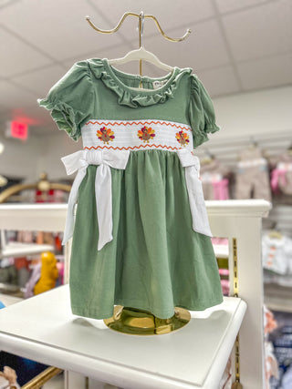 Fall Thanksgiving Chicken Smock Embroidered Green Girl Dress