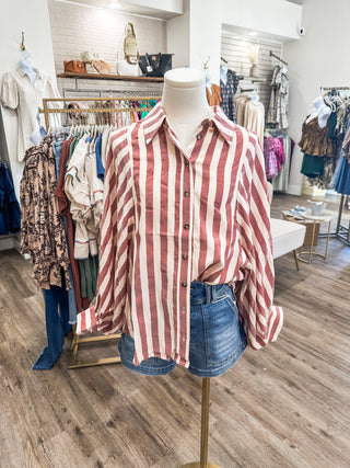 Deep Red Candy Stripe Balloon Sleeve Button Down Top