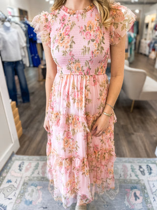 Blush Rosewood Ruffle Floral Tulle Fabric Smocked Tiered Maxi Dress