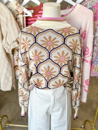 Cream Petal Mosaic Mock Neck Longsleeve Sweater