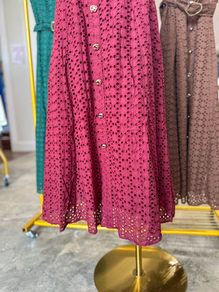 Burgundy Charlotte Eyelet Belted Maxi Dress