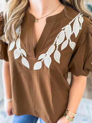 Brown Vine Embroidered Top