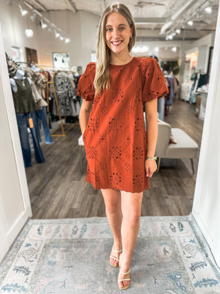 Rust Sweet Magnolia Eyelet Mini Dress