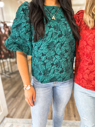 Hunter Green Runway Rose Jacquard Blouse