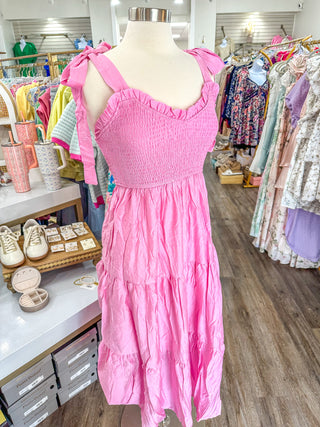 Candy Pink Serenade Sweetheart Neck Tie Strap Smocked Tiered Maxi Dress