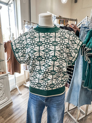 Shape Up & Shine Pattern Short Sleeve Hunter Green Sweater Top