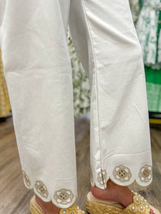 White Sweet Steps Embroidered Hem Wide Leg Pants