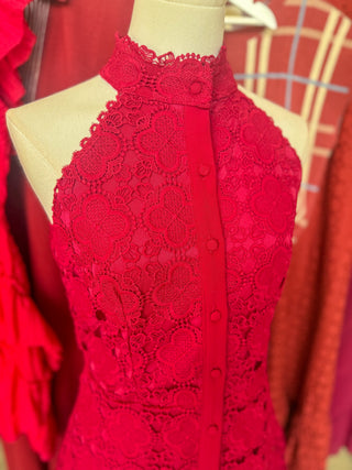Burgundy Magnolia Lace Halter Neck Mini Dress