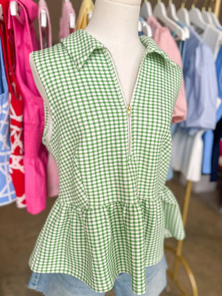 Green Weekend Favorite Gingham Half Zip Peplum Top