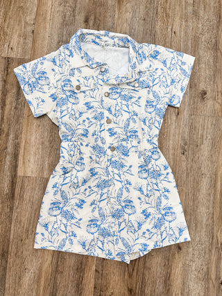 Cream/Blue Vintage Closet Floral Button Up Romper