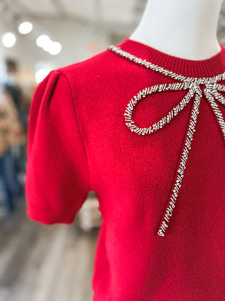 Red Glitz & Grace Beaded Crystal Bow Sweater