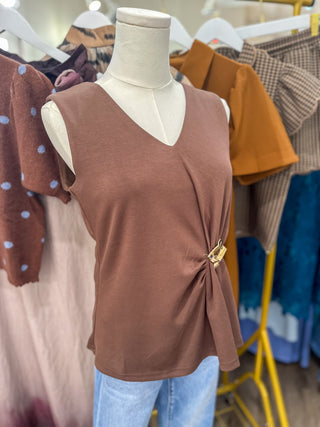 Brown Gathered & Gold V-Neck Top