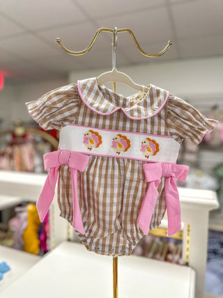 BUBBLE_- Fall Thanksgiving Lapel Plaid Chick Embroidery Smocking Bow Girls Bubble