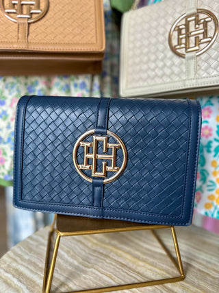 Woven Navy Cecillia Circle Logo Handbag | Caroline Hill