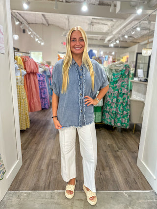Summertime Love Frayed Trim Denim Button Top
