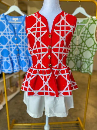 Red Delicate Lines Gold Button Peplum Top
