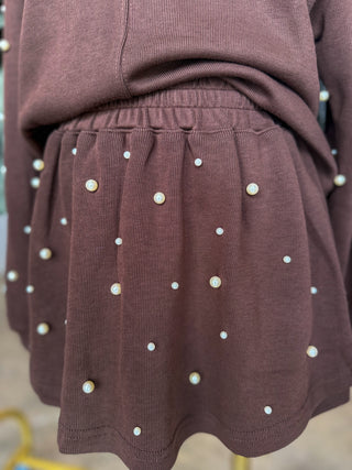 Brown Pearl Charm Long Sleeve Top & Skort Set