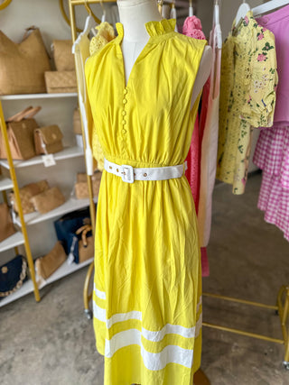 Lemon Coastal Elegance Belted Midi Dress