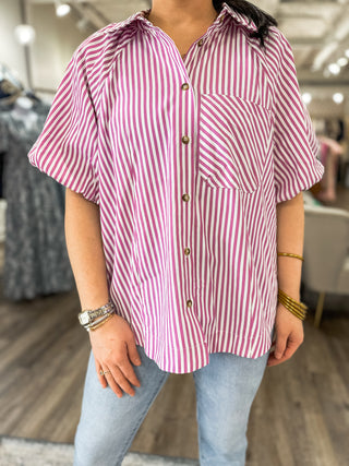 Style Everyday Off White/Magenta Striped Puff Sleeve Blouse