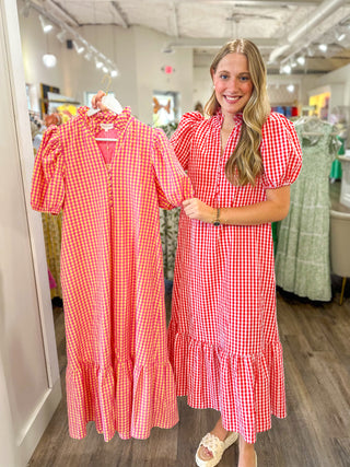 Red Heirloom Gingham Midi Dress