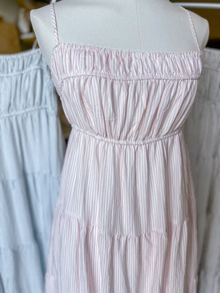 Soft Pink Stripe Shirred Empire Waist Midi Dress