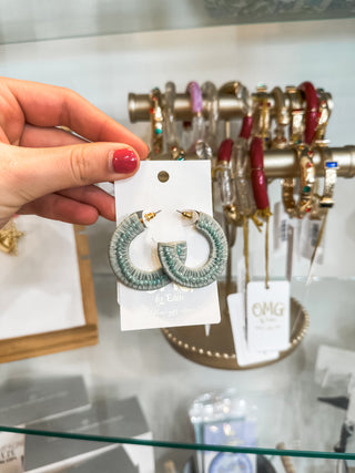 Sage & Light Blue Bead Wrapped Hoop Earrings