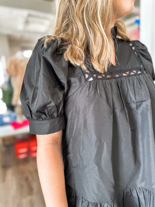 Black Laurel Lace Trim Mini Dress