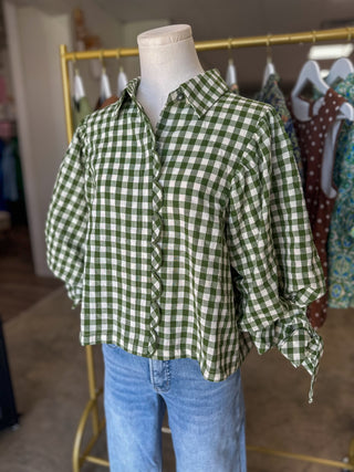 Olive Gingham Picnic Scallop Trim Blouse